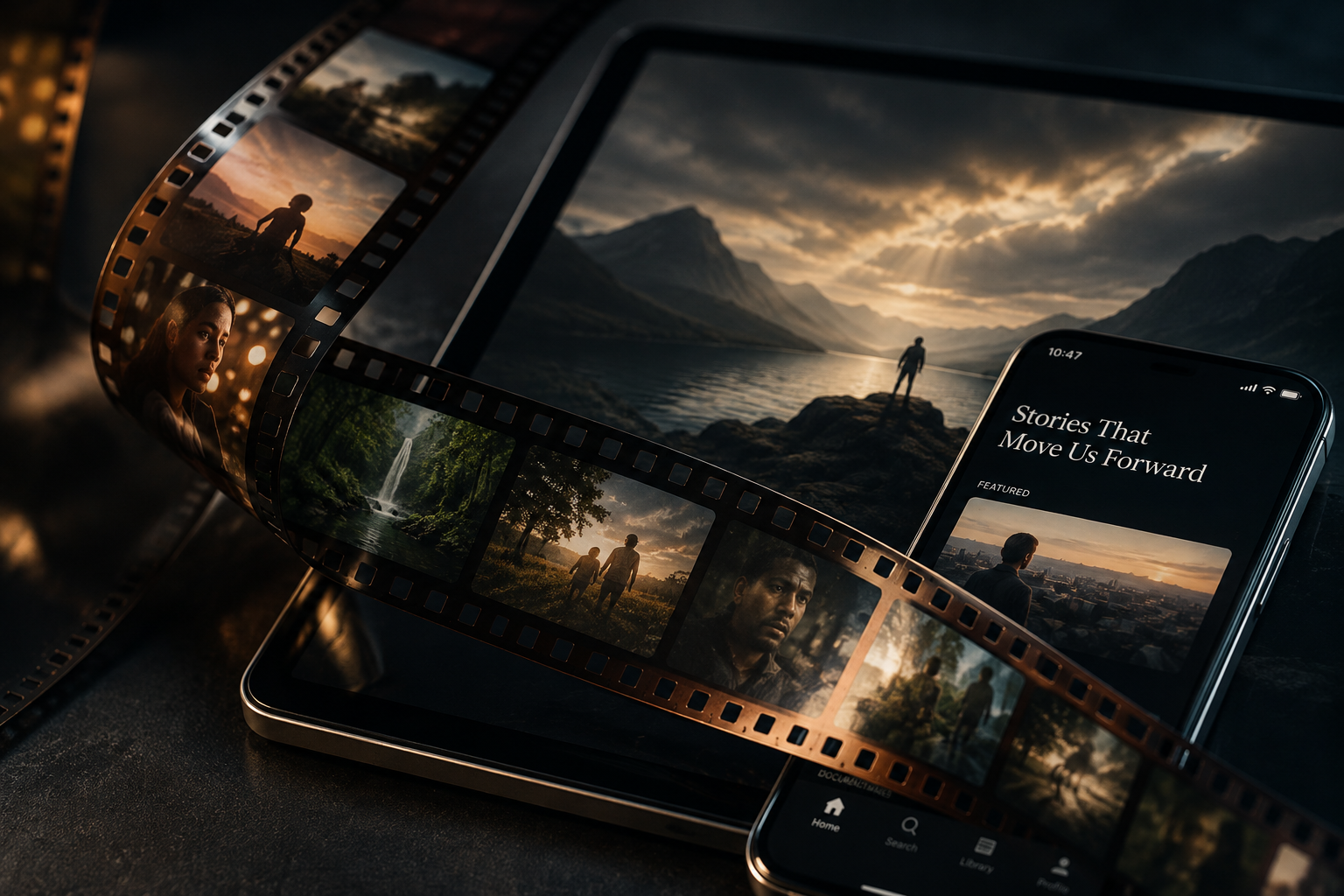 Film strip curling over a tablet and phone showing cinematic documentary stories